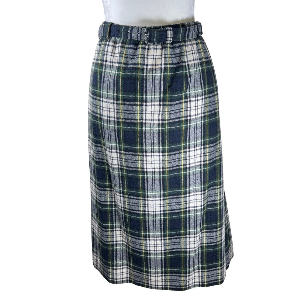 Vtg Prestige of Boston Plaid Midi Skirt Women Size 14‎ Green Navy Classic Tartan